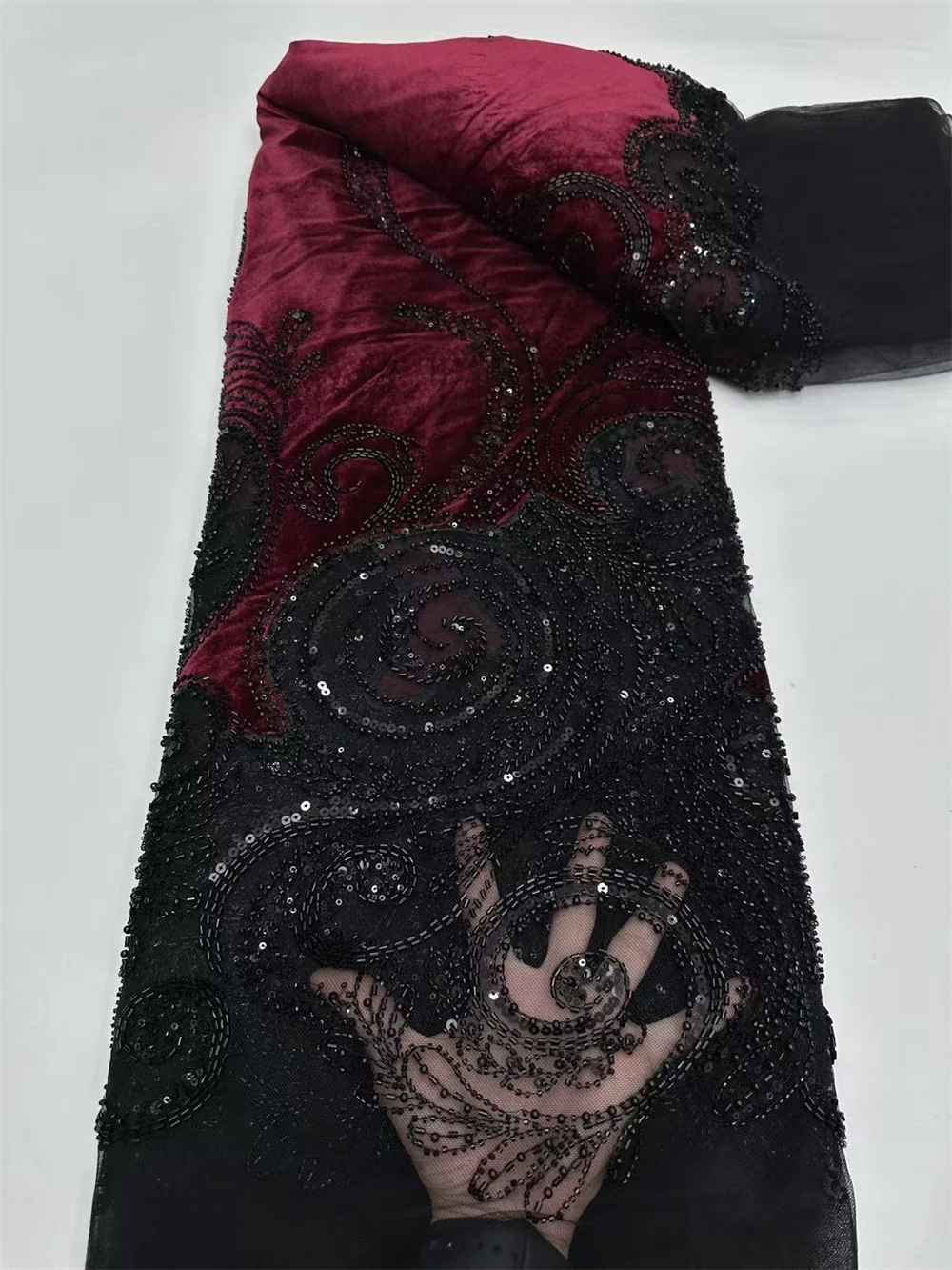 

5 ярдов африканская ручная работа из тяжелого тюля с бисером, кружевная ткань 2025 года, французская вышивка блестками, сетка с жемчугом для свадебных платьев Hm90-1