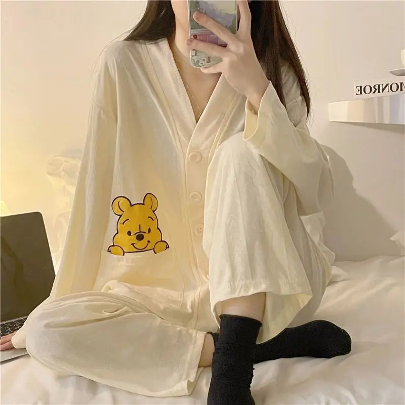 Disney Winnie the Pooh autumn new pajamas women\'s long-sleeved trousers cute Winnie the Pooh cartoon loungewear set