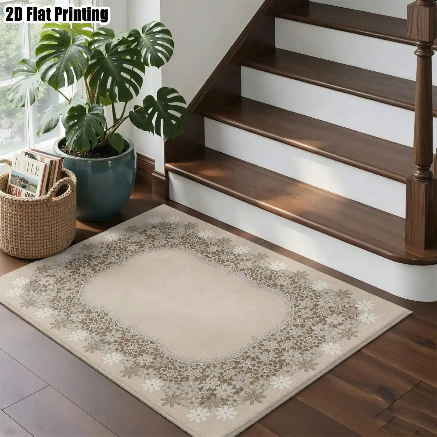1Pc 2D Printed Carpet: Beige Floral Border, European/Retro/Minimalist Style for Home Decor, Multiple Sizes, Machine Washable, Suitable for Entrance, Dining, Foyer, Living Room, Bedroom, Study