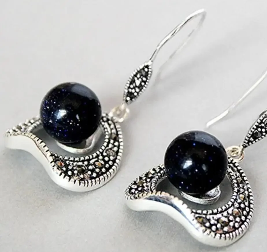 

VINTAGE 925 SILVER 10MM BLUE SAND STONE BEADS MARCASITE HOOK EARRINGS 11/2"