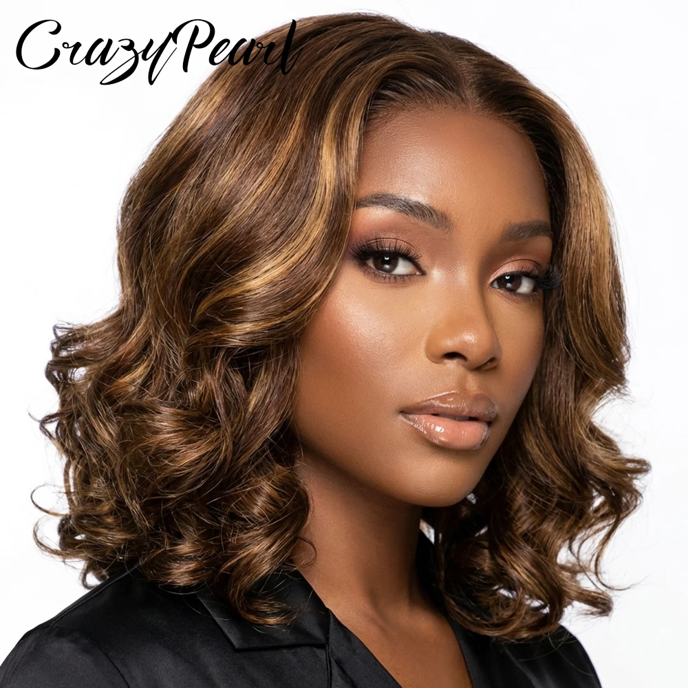 CrazyPearl P4/27 Highlight 5X5 Lace Closure Perücken Echthaar Bob Perücken Ombre Braun Blond Body Loose Wave 16 Zoll Perücken für Frauen