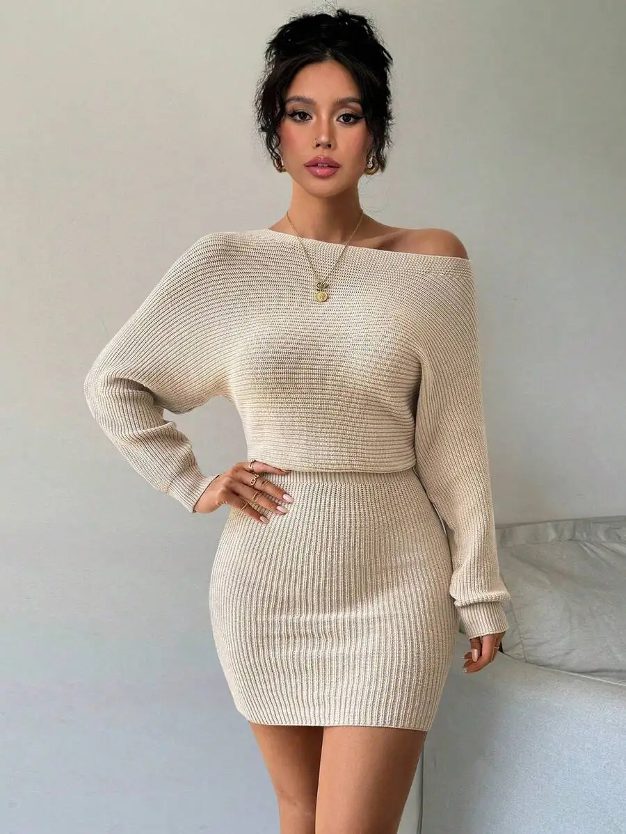 

Off-Shoulder Ribbed Knit Bodycon Dress with Cinched Waist
