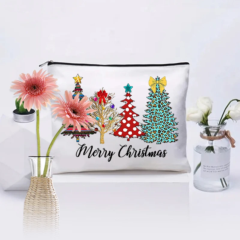 Merry Christmas Tree Pattern Zipper Cosmetic Case Xmas Gift for Friends Sister Mother Daughter Canvas Makeup Bag Toiletry Bags