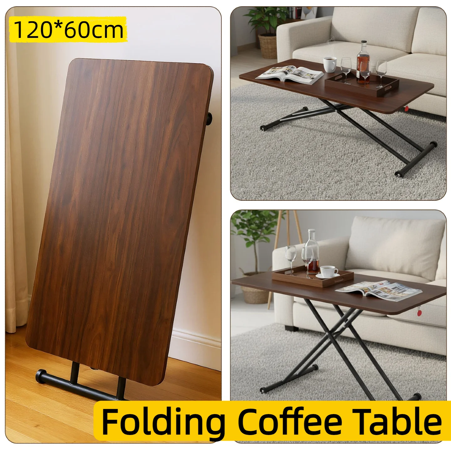 

Chic Fashion Folding Side Table Modern Coffee Table with Rollers, Ideal for Living Room Bedroom & Compact Storage 120*60cm