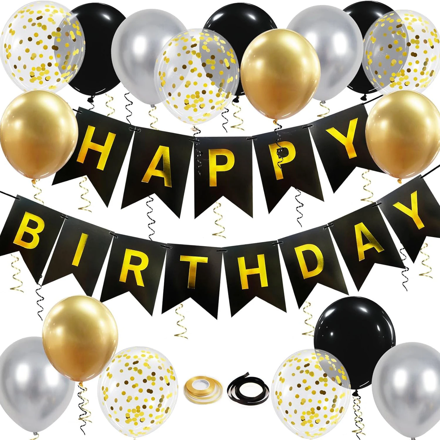 ‌ 1 Set Schwarzes Happy Birthday Banner 12 Zoll Gold Silber Metallic Latex Ballons Geburtstagsparty Dekoration Baby Shower Kindergeschenke