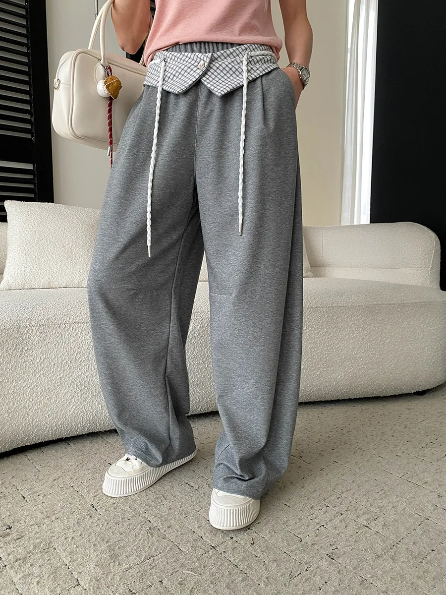 Frühlings- und Sommerhosen für Damen, lässig, einfarbig, abnehmbarer karierter Bund, elastische hohe Taille, schlank machende, weit geschnittene Hose mit geschwungenem Saum. – Detail 23