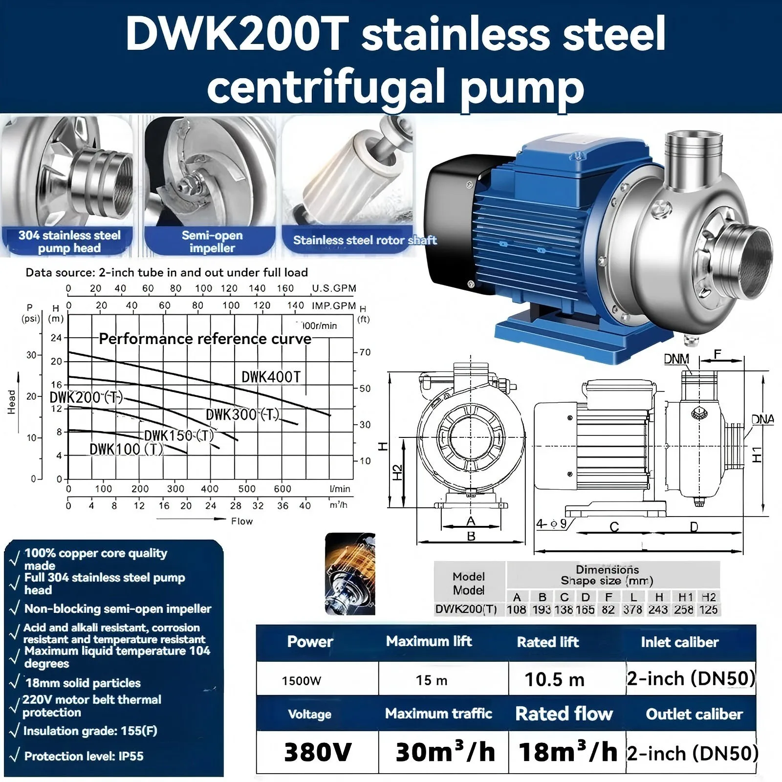 

DWK200 1500 Вт 220 В Центробежный насос из нержавеющей стали Тип DWK Циркуляционный насос Устойчивый к кислотам и щелочам Антикоррозийный канализационный