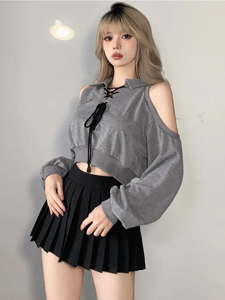 Deeptown Y2K Vintage Gray Cropped Hoodies Women Harajuku Sexy Off Shoulder Sweatshirts Korean Loose Casual Chic Tops Gothic Kpop