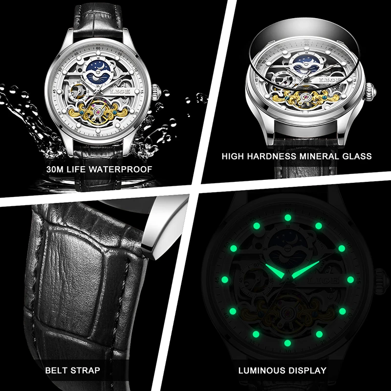 LIGE ساعة ميكانيكية مجوفة جديدة للرجال موضة الأعمال الرياضية مضيئة ساعة أوتوماتيكية الرجال الفاخرة مقاوم للماء ساعات رجالية