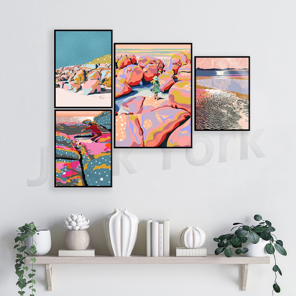 Ocean coastline illustration in bright colours and abstract style, downloadable nature landscape artwork