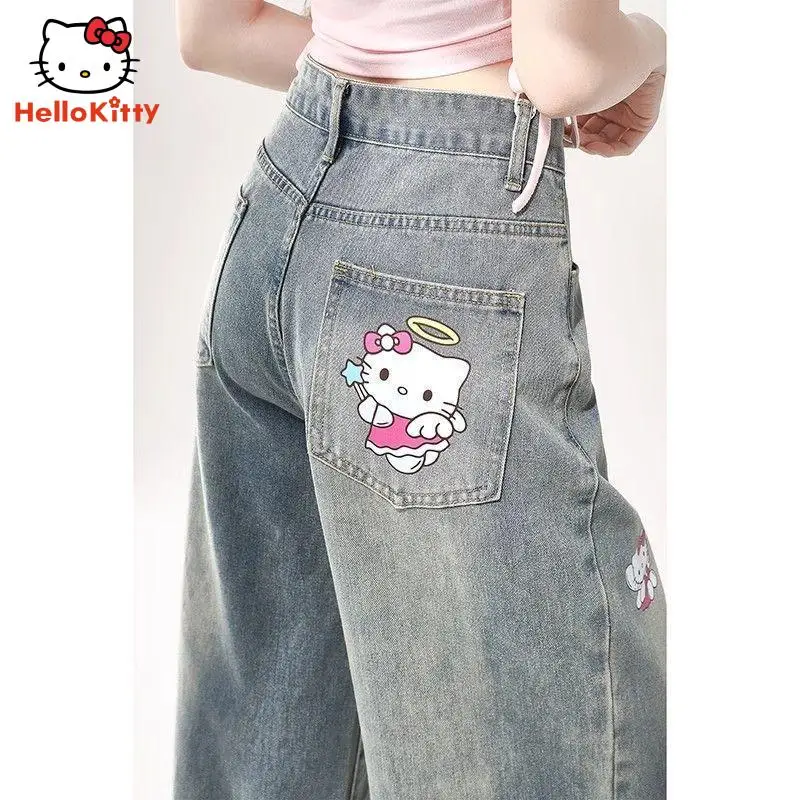 Kawaii Anime Cartoon Hellokitty Girly Printing Straight Jeans Women's High Waist Loose Wide Legs Denim Pants Floor Mopping Pants