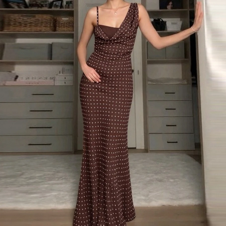 Abito lungo aderente a coda di pesce aderente con stampa a pois senza maniche da donna premium per la qualità delle feste in vacanza al mare Nuovo 2026