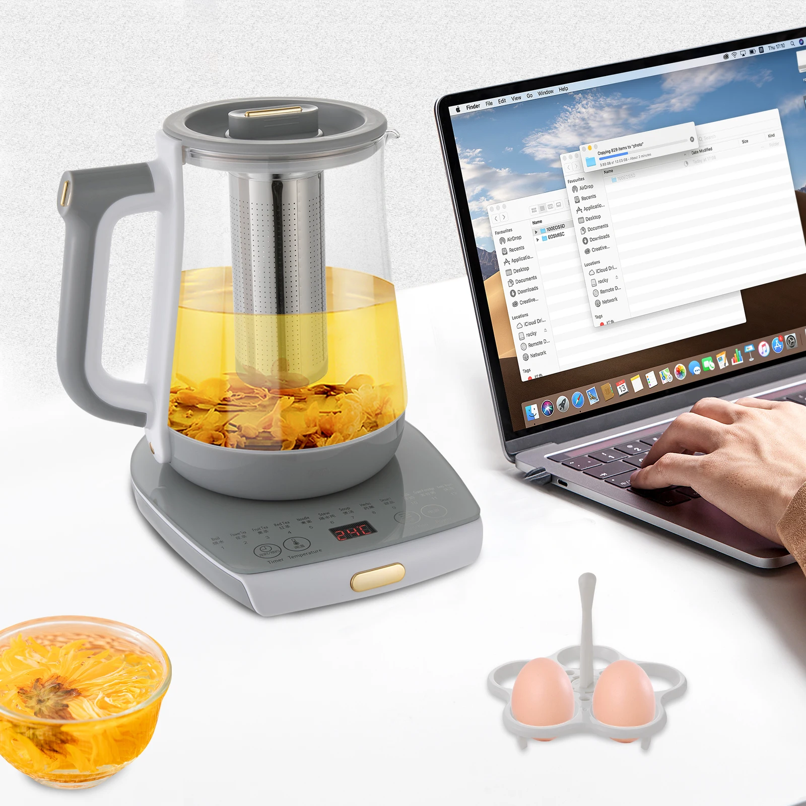 

Smart Electric Tea Kettle, Glass Tea Maker with 12 Presets & Digital Display, 1.8L Tea Water Boiler with Strainer & Egg Holder