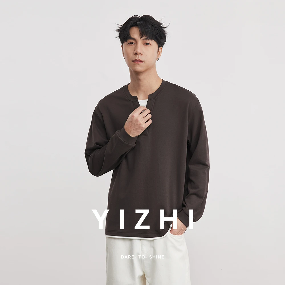 Japanese Simple Fake Two-piece Henry Collar Sweatshirt Men Spring Loose Long-sleeved T-shirt Casual Versatile Men's Clothing