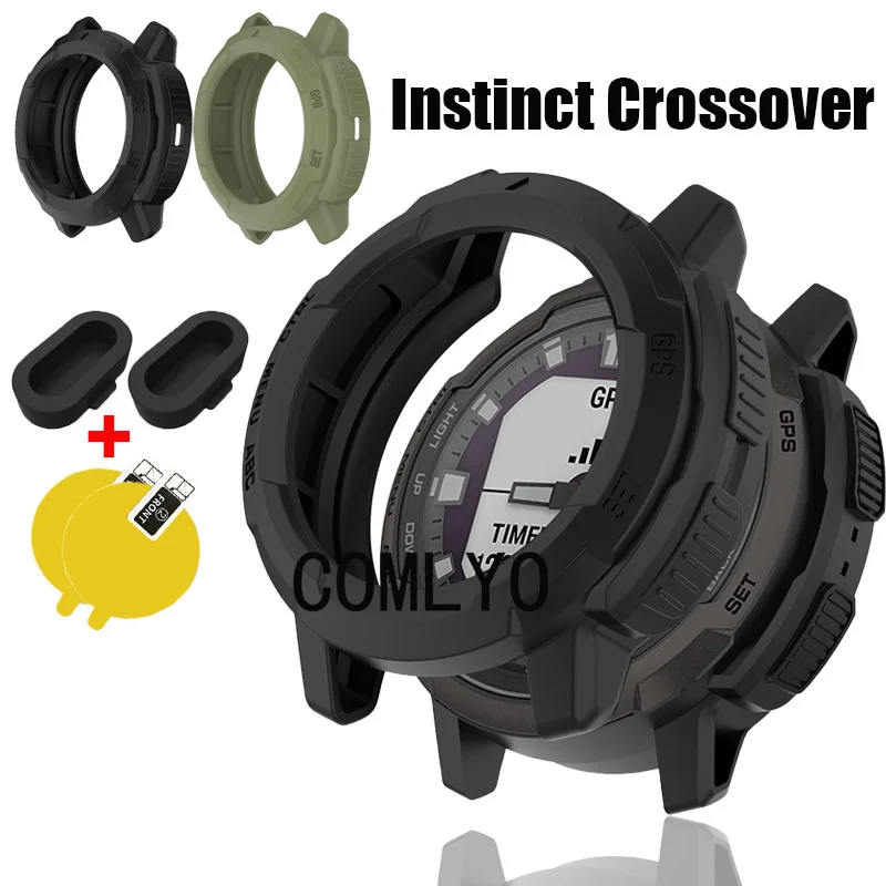 Fit for Garmin Instinct Crossover Solar Tactical Case smartwatch Sports TPU protective Bumper Cover Screen Protector Dust Plug