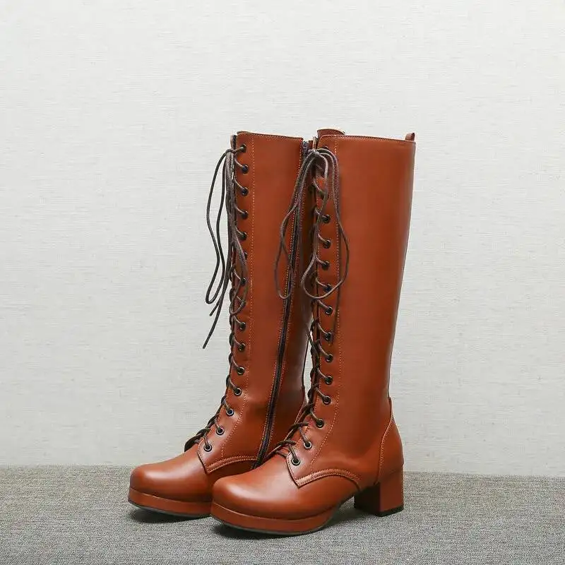 

Женские сапоги выше колена, новые рыцарские сапоги на толстом каблуке спереди со шнуровкой, женские сапоги с высокой трубкой, сапоги для косплея