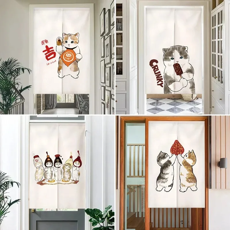 VIKAMA Cute Kitten Noren Door Curtain Two Cats Holding Strawberry Print Fabric Partition Curtain for Kitchen Bedroom Home Decor