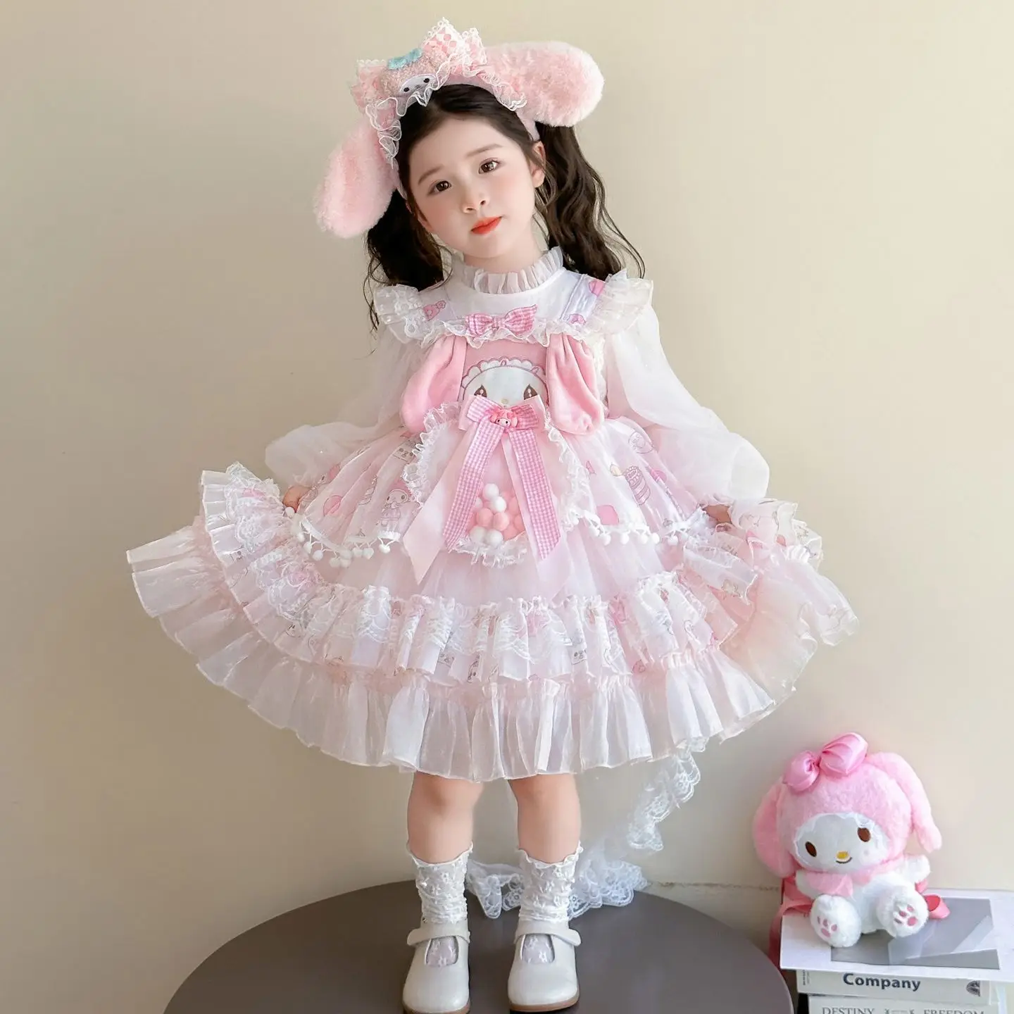 

Sanrio My Melody Anime Girls Lolita Princess Dress Party Dress Kids Bow Decoration Ruffled Tutu Skirt Princess Costume Gift