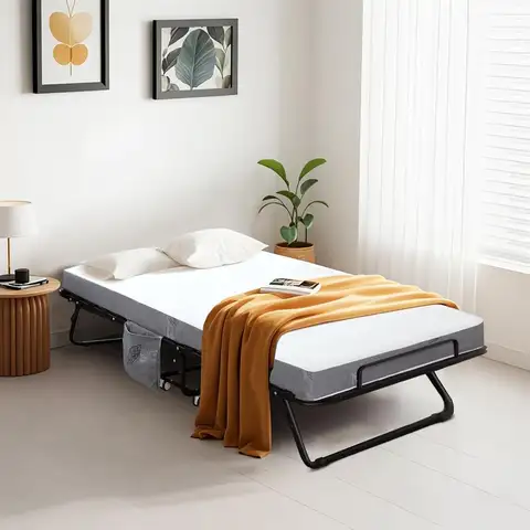 Portable Adult Single Bed with Mattress, Metal & Wood Frame, Compact Rollaway for Guests,Customized