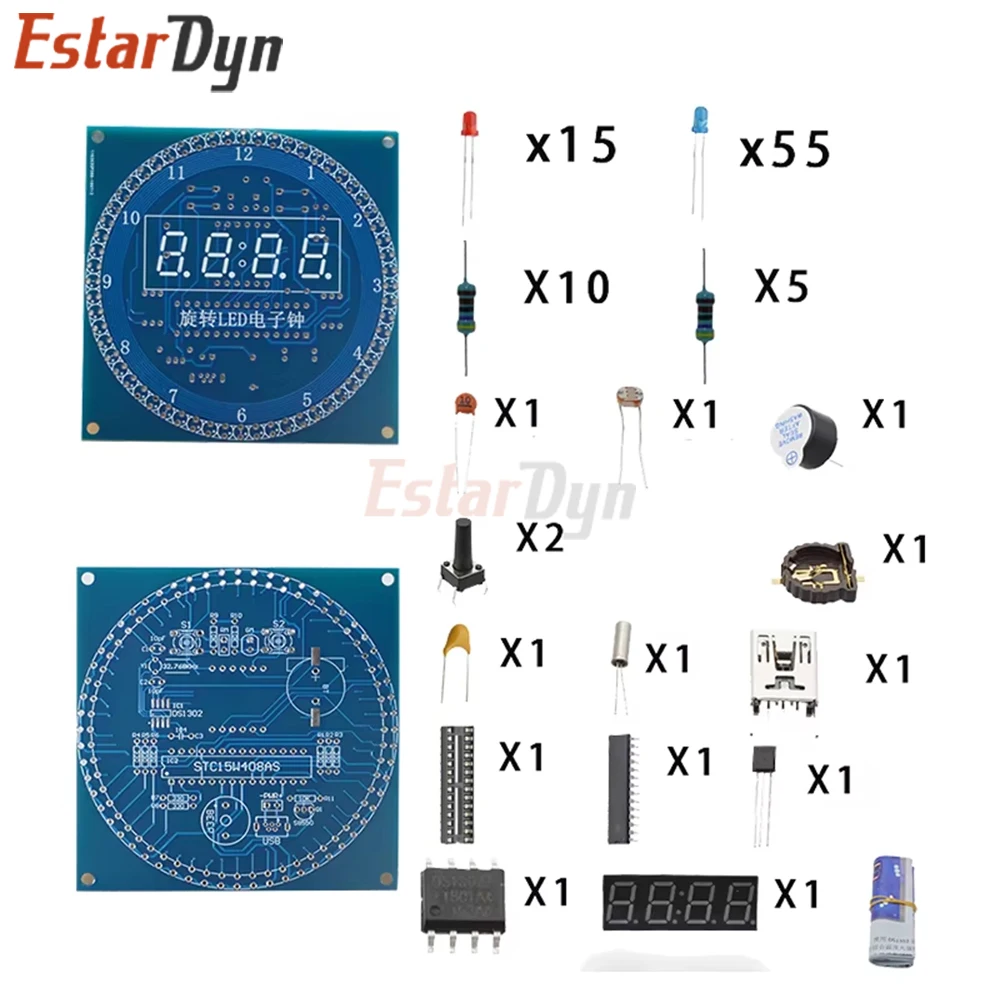 Estardyn DS1302 Rotating LED Alarm Clock Kit DIY C51 MCU Learning Board POV Display 5V for Soldering Training