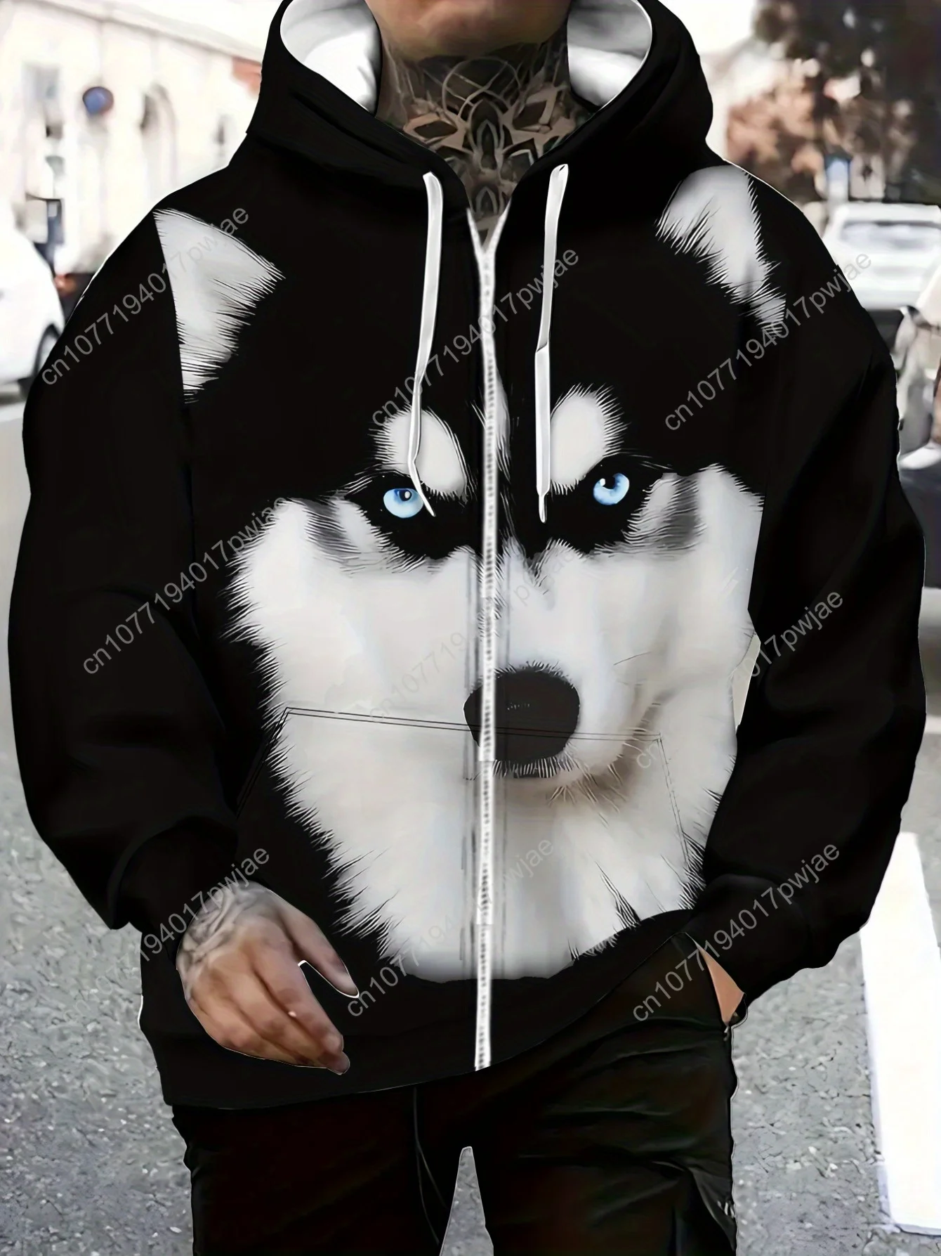 Sudadera con capucha con estampado de Husky 3D para hombre: acogedora sudadera de poliéster con mangas largas, diseño liviano y duradero para uso informal, al aire libre