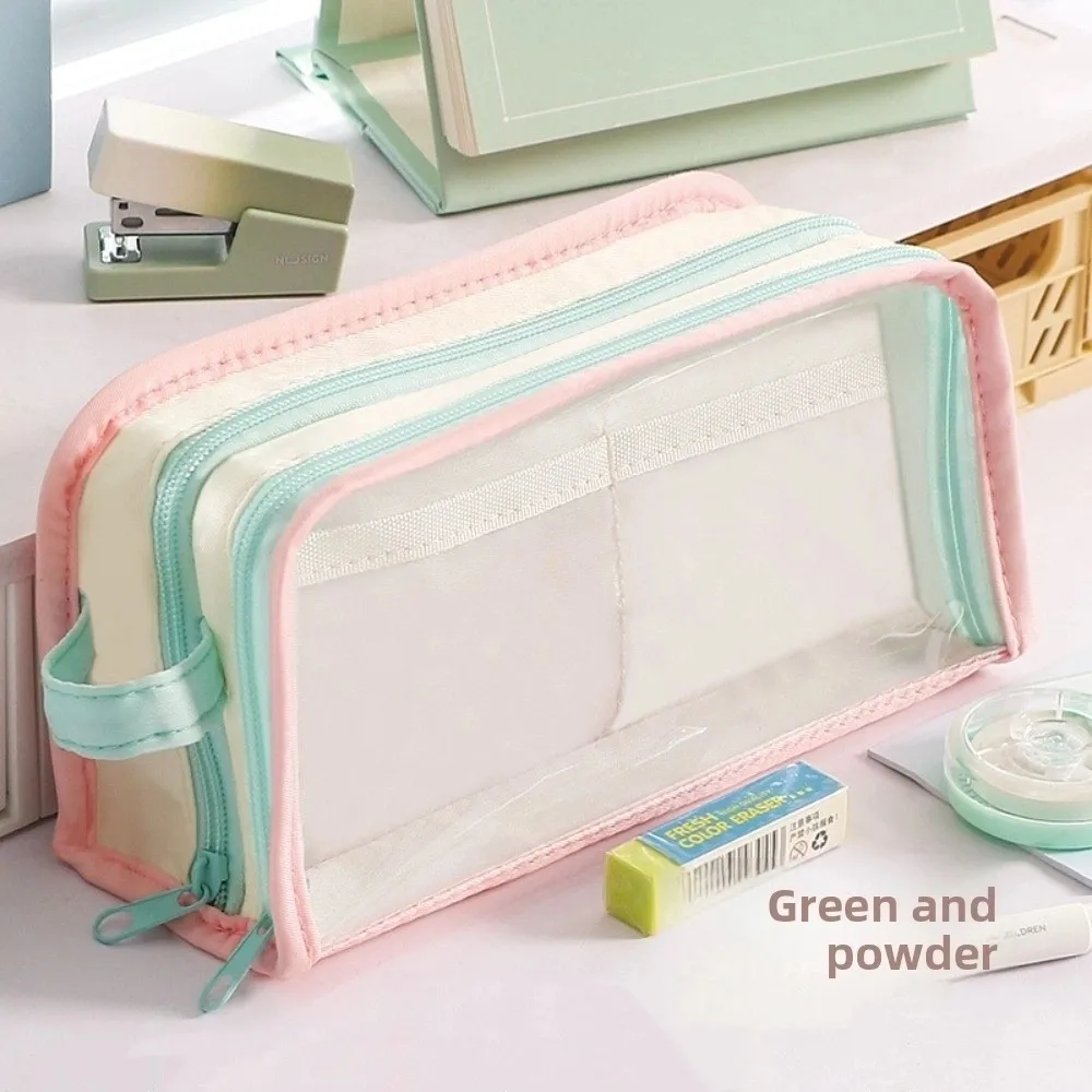Transparent Display Korean PVC Stationery Bag Multilayer Desktop Storage Korean Style Pencil Case Large Capacity Pink Blue Green