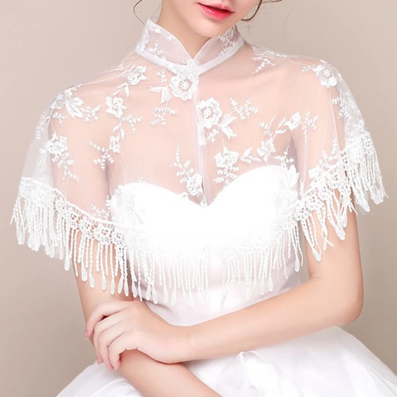 

High Neck for Jacket Wedding Floral Lace Tassel Bridal Wraps Cape Women S