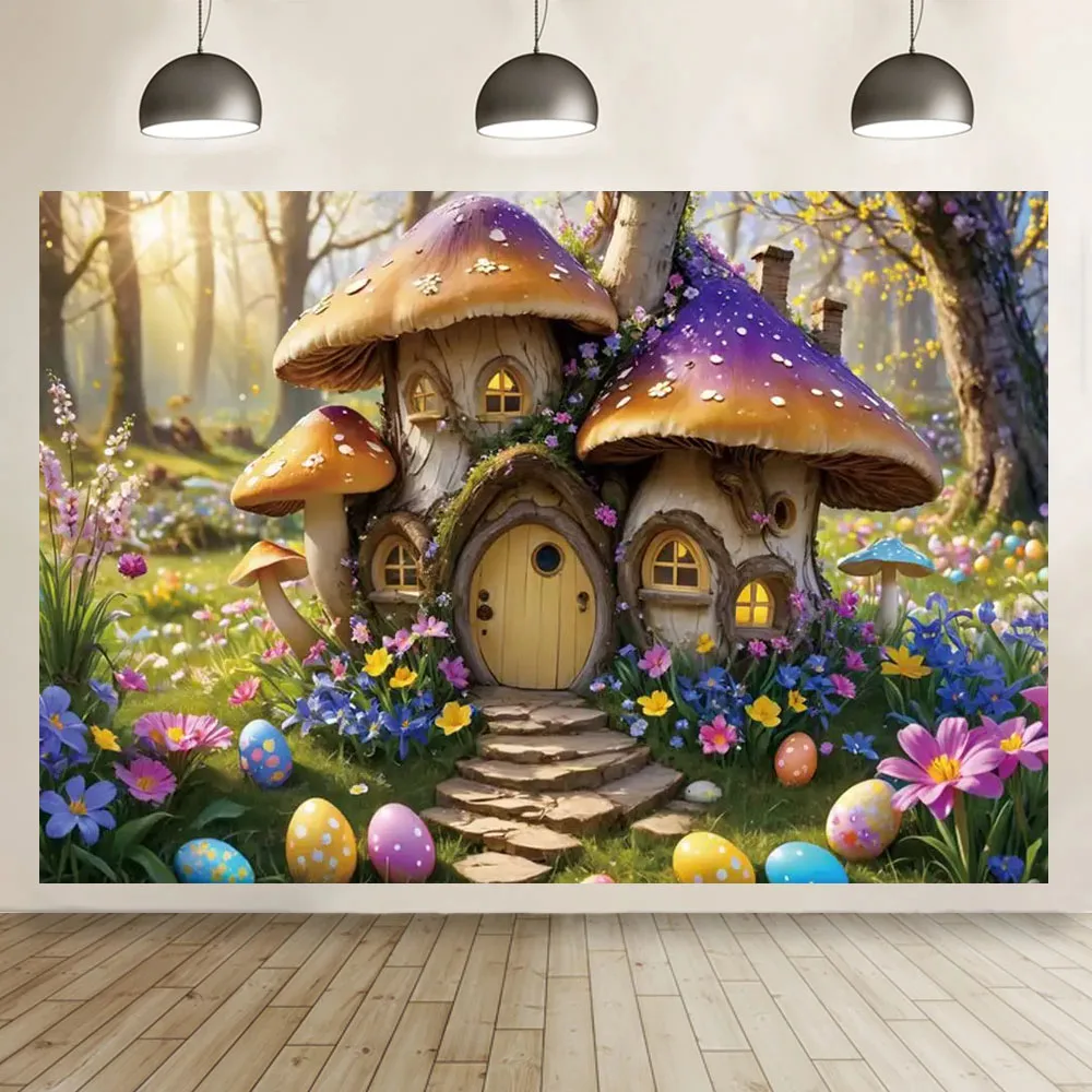 

Easter Photography Background Enchanted Forest Fairy Spring Garden Mushroom House Children Birthday Party Decor Backdrop Banner