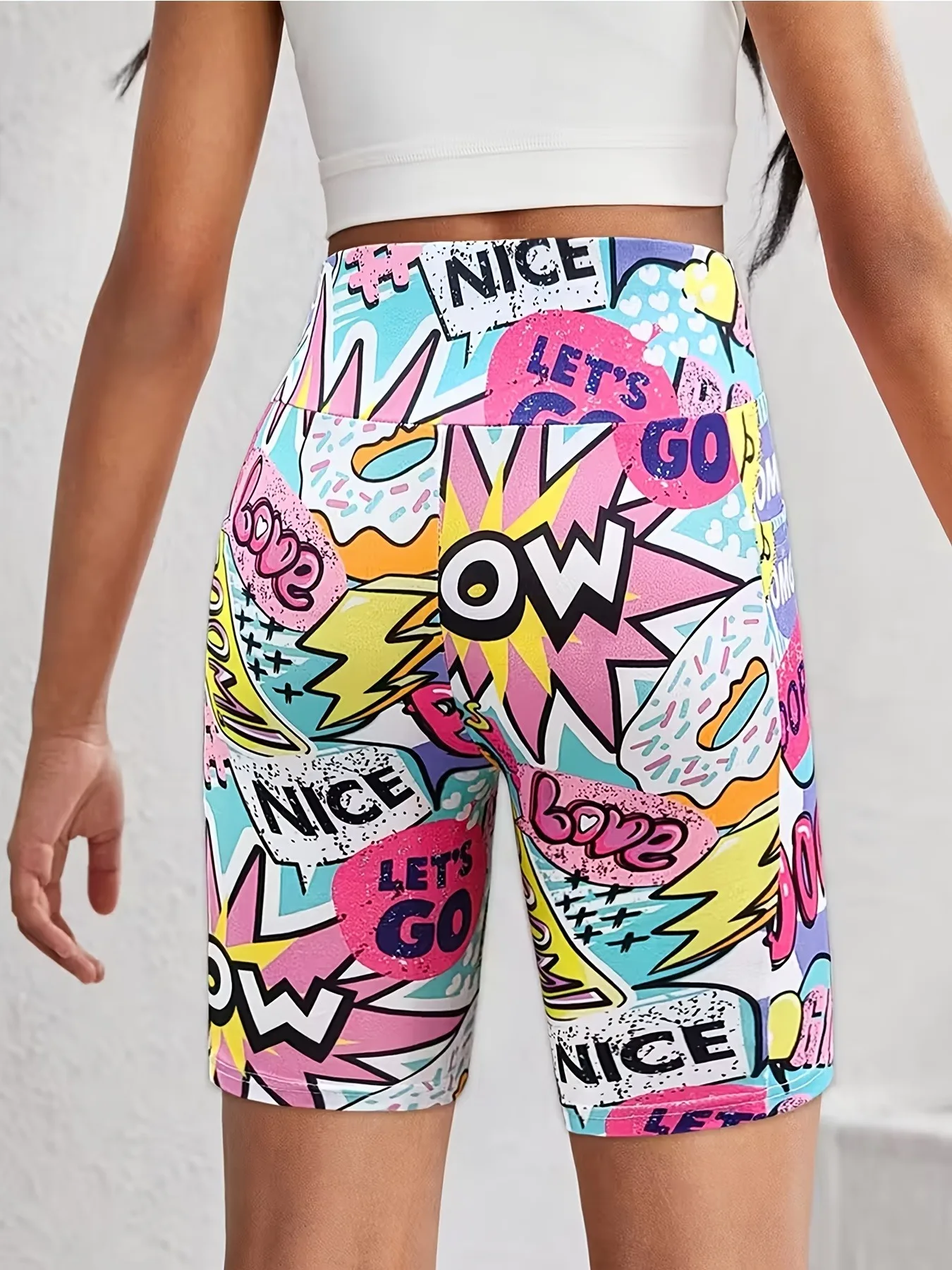 Kids Girls Cartoon Graffiti Print High Waist Stretch Biker Shorts Yoga Dance Sport Activewear Bottoms