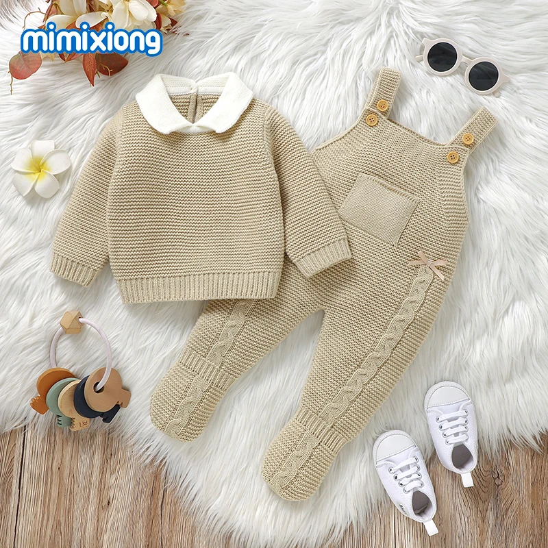 

Baby Clothes Winter Beige Long Sleeve Knitting Sweaters Pullovers+Rompers Newborn Boys Outfits Sets 2pcs Infant Girls Tracksuits