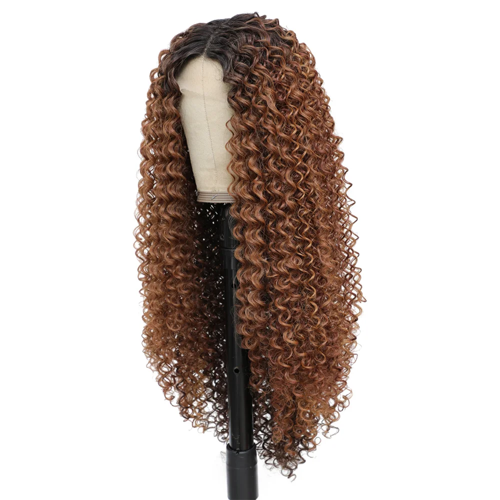 Ombre Brown Synthetic Lace Front Wig For Black Women Kinky Curly Long Middle Part Hair Wigs X-TRESS Natural Daily Use Hairstyle