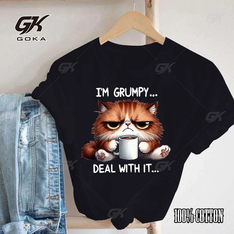 Funny Cat I'M Grumpy Deal With Is T Shirt Unisex Short Sleeve O Neck Summer Casual Letter Printing Women T-Shirt Top Tee