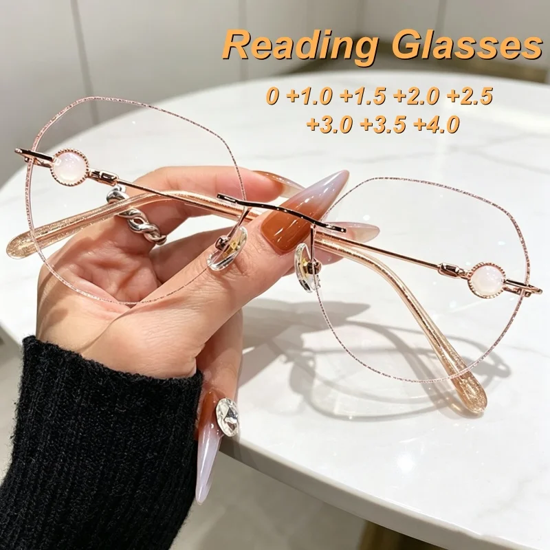 New Fashionable Personalized Luxury Frameless Women's Reading Glasses Retro Ultra Light Premium Elegant Anti Blue Light Glasses