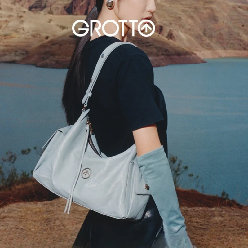 GROTTO 2025 New Single Shoulder Bag Fashionable Toast Hobo Bag Vegetable-Tanned Lambskin Underarm Crossbody Soft Bag