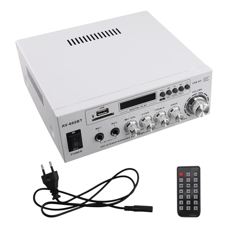 

AV-660BT 2.0 CH Sound Amplifier - Power Amplifier Support Bluetooth, FM Radio, USB, SD Card & Dual Mic Inputs EU Plug