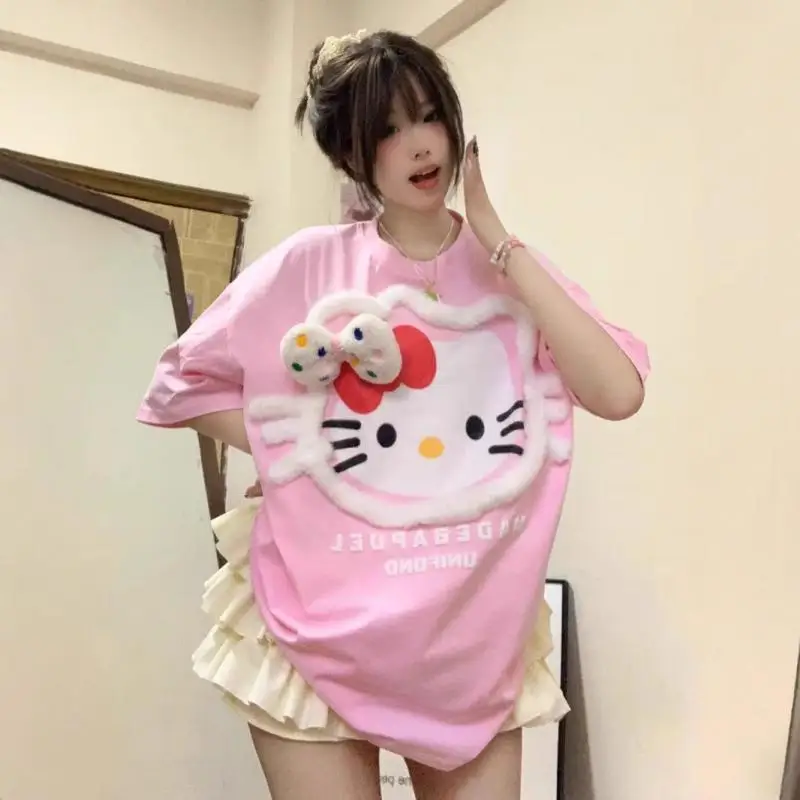 

Anime Hello Kitty T-Shirt Women Cotton Short Sleeve Cartoon Summer Clothing Cute Comfortable Girls Tops Kawaii Loose Casual