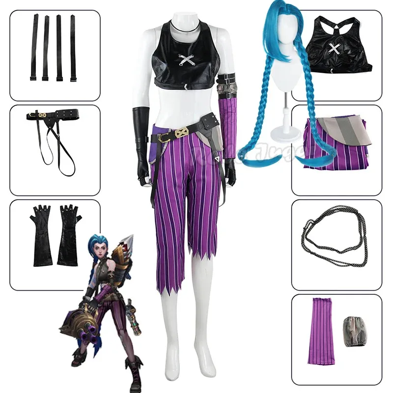 

Anime Game Jinx Cosplay Costume LoL Jinx Arcane Cosplay Uniform Wig Outfits Sexy Women Halloween Party Carnival Suit New