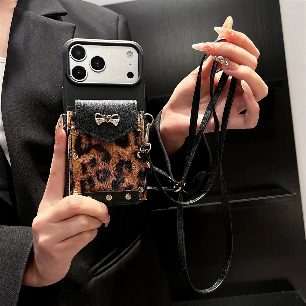 Retro Leopard Print Card Holder Crystal Bow Phone Case for iPhone 18 Pro Max 17 16 15 Crossbody Strap Wallet Protective Cover