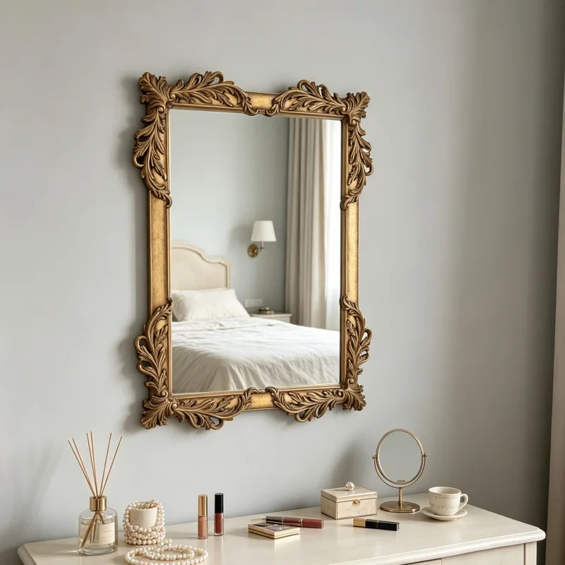 European retro carved wall hanging makeup mirror bathroom bathroom square decorative temperament fashionable dressing
