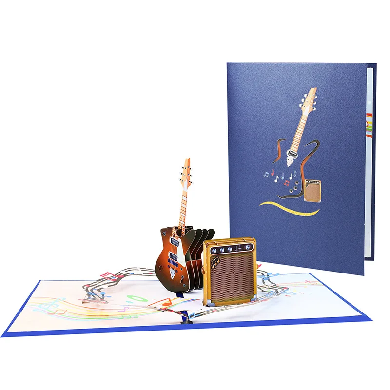 

2Pcs Creative 3D Pop-up Greeting Card Guitar, Blue Piano Handmade Paper Sculpture Card Birthday Holiday Universal Gift