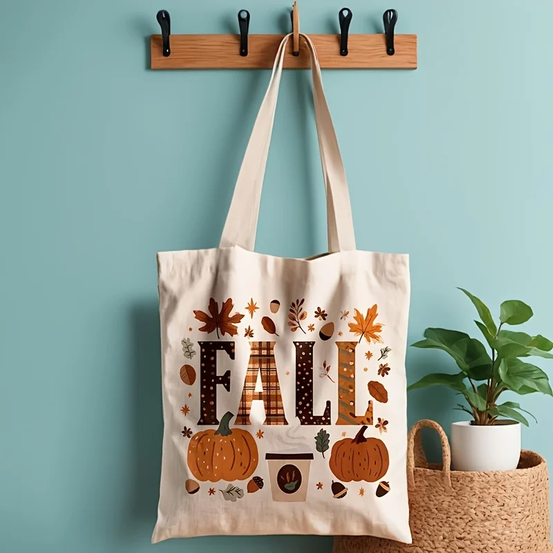 A Bohemian-Style Autumn Shoulder Bag, Printed with Pumpkin Latte Bag, Harvest Season Handbag, Suitable for Daily Commuting, Casu