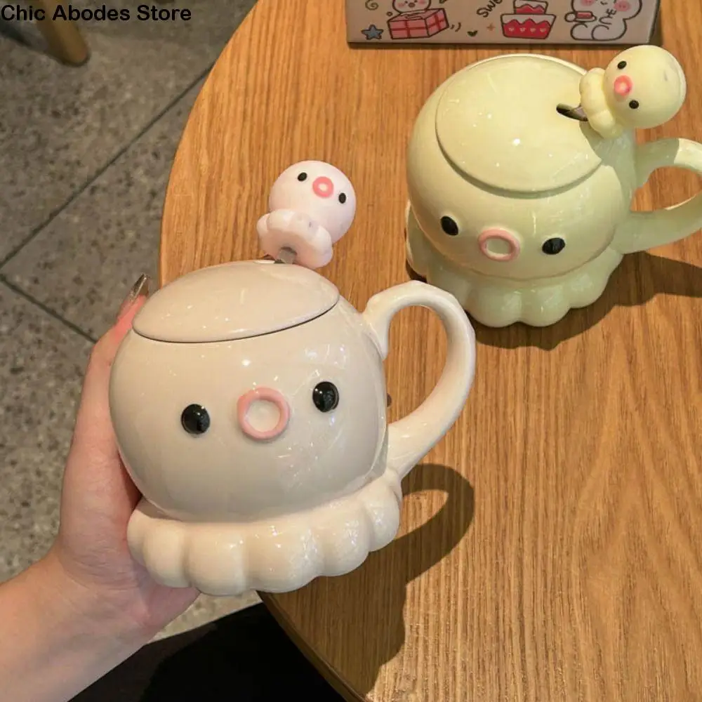 

with Handle Cute Octopus Water Cup Heat Resistant Anti-scald Ceramic Coffee Mug with Spoon Ornament Cartoon Octopus Drinkware