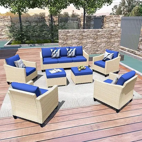 

7 Pieces Modern Outdoor Conversation Set Sectional Sofa with Cushion and Ottomans for Garden, Poolside, Backyard