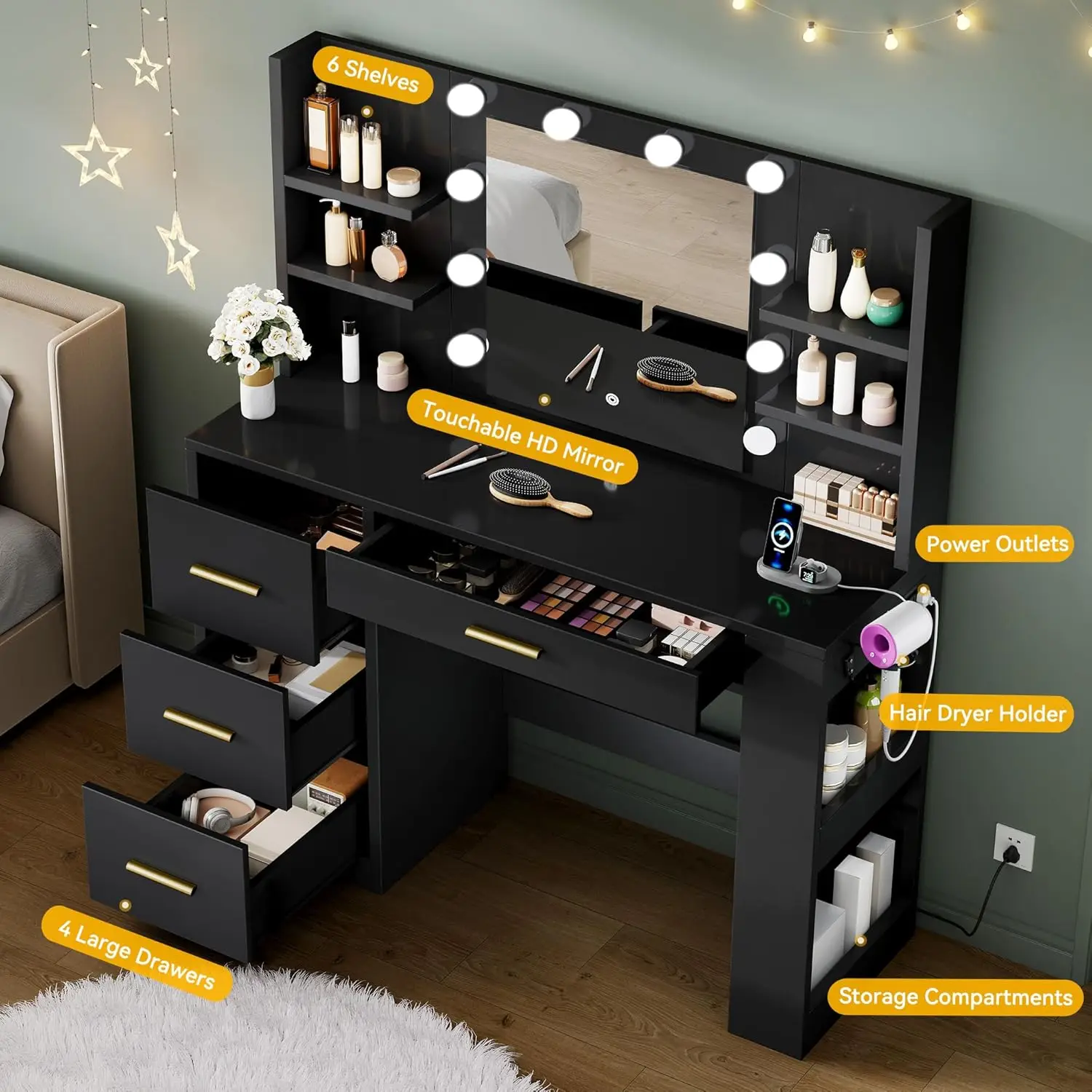 مكتب فانيتي مع مرآة ومخرج طاقة، طاولة مكياج مع 4 أدراج و6 أرفف تخزين، 3 ألوان إضاءة قابلة للتعديل