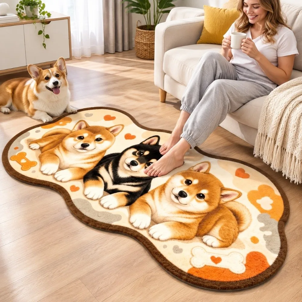 New Faux Cashmere Cartoon Animal Rug Cute Puppy Print Soft Cat Carpet Stain Resistant Non Slip Floor Rug Lfor Living Room