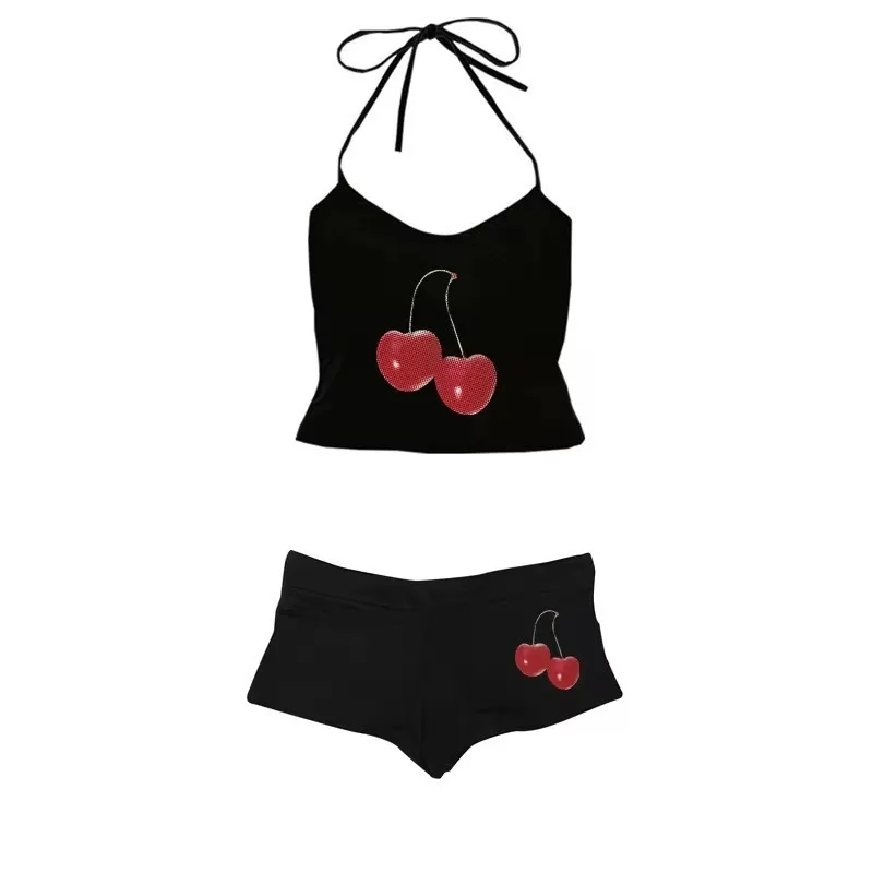 Women's Sweet Fruit Print Sleeveless Crop Top & Slim Fit Fixed Strap Shorts 2 Piece Set Matching Beach Outfits Woman Summer