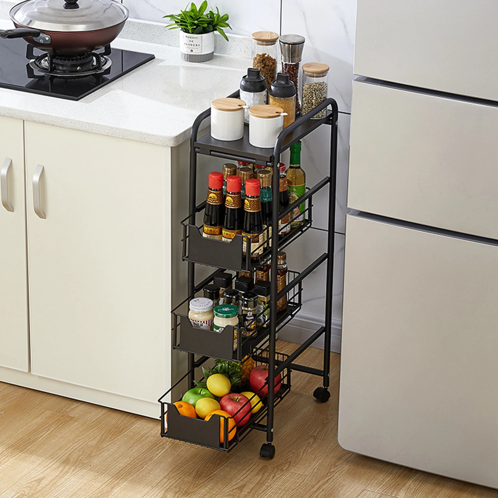 4-Layer Storage Cart Ultra-Thin Metal Kitchen Trolley Storage Shelf with Slide-Out Drawers Practical Storage Rack, Black