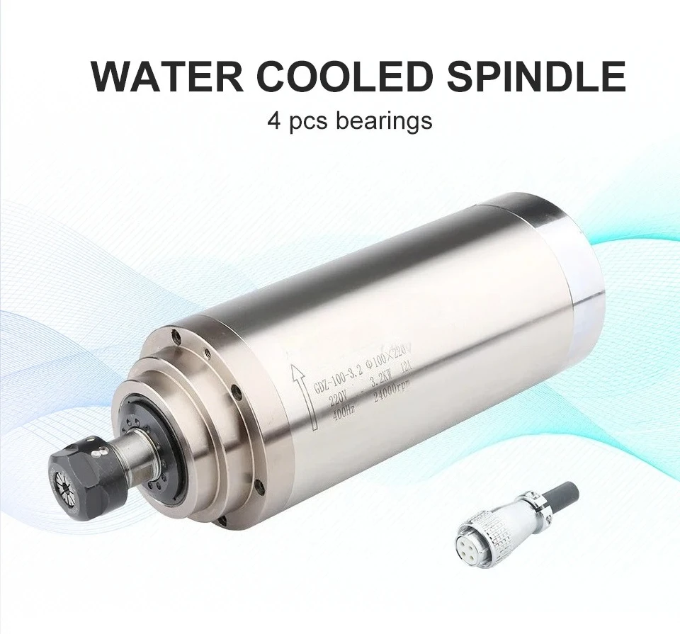 

Шпиндель 3,2 кВт ER20, двигатель шпинделя с водяным охлаждением, 4 подшипника, 220 В, 380 В, Φ100x220, используемый для гравировки и резки GDZ-100-3.2