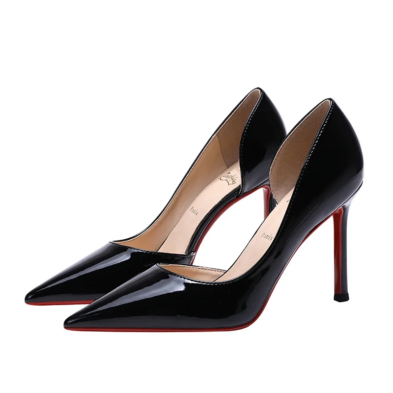 

Black pointed-toe red-soled high heels, 10cm stiletto pumps, business party heels, elegant women's side-cut pumps