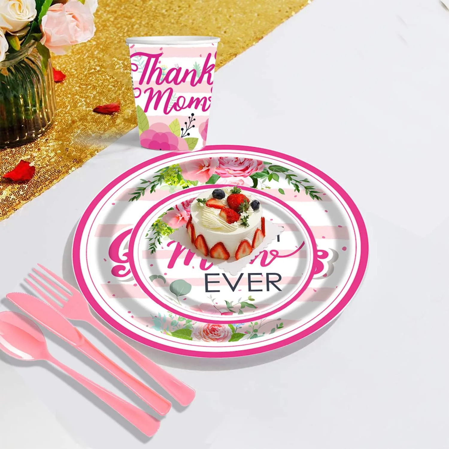 177pcs Happy Mother's Day Party Supplies Tableware Set - 25 Set Floral Flowers Disposable Dinnerware Tablecloth - Paper Plates N